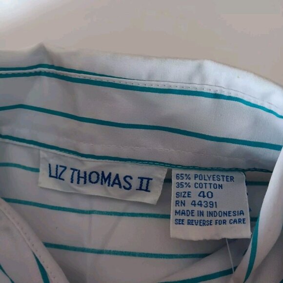 Liz Thomas II Blouse Plus Size 40 White Teal Stripe Short Vintage 80s 90s NOS - Picture 8 of 12